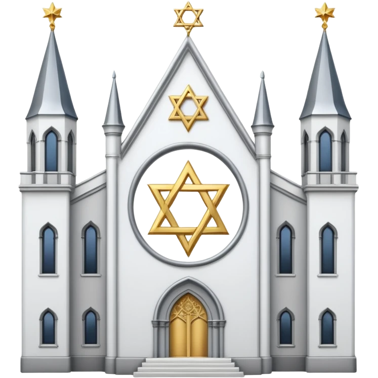 reform jewish synagogue similar in architecture to historical religious architecture in europe. the building should be white with silver/golden features, gothic architectural elements and star of david. no crosses. the emoji should be in ios emoji style. emoji