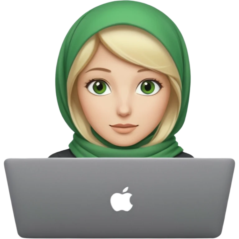 blond women skine , with green eyes , with scarf hijab . with macbook emoji
