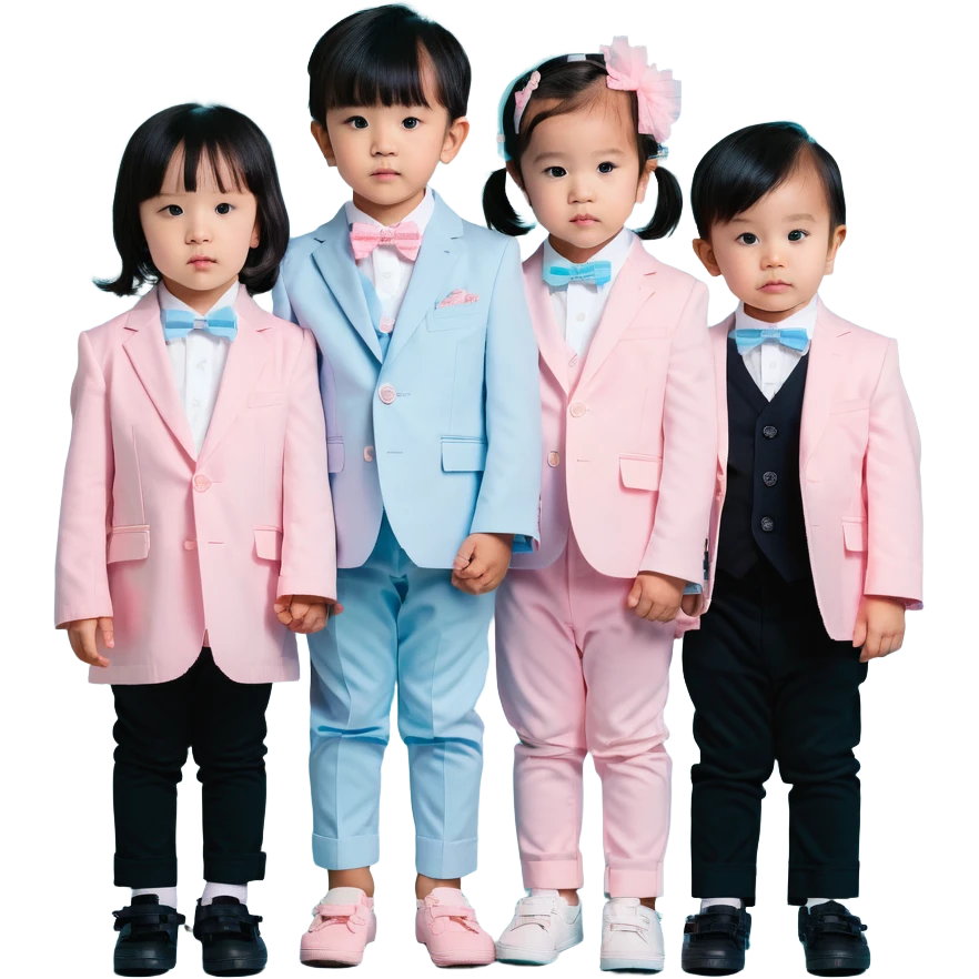 triplet toddlers with two girls in pastel pink clothes on each side and a boy in pastel blue suit in the middle emoji