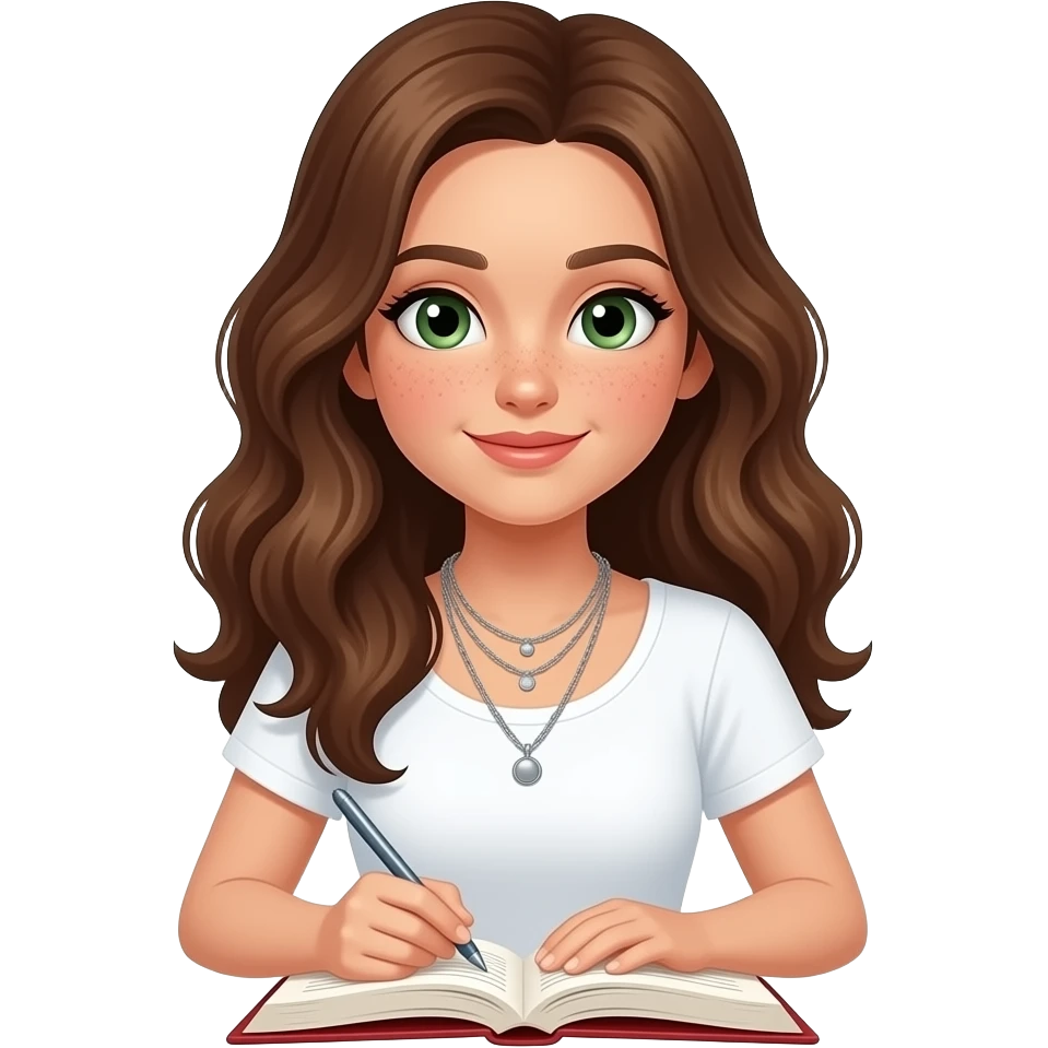 CUTE PRETTY FACE PALE GIRL PREPPY WITH not volominous WITH WAVEY LONG BROWN HAIR, FRECKLES AND GREEN EYES IN CUTE WHITE TOP WITH SILVER NECKLES, STUDY GIRL emoji