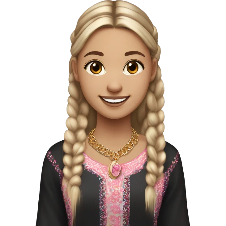 Slavic girl, light skin, brown eyes, black-to-blonde ombre straight thin ponytail, smiling with teeth, wearing beautiful blouse with a folk pattern of small pink flowers, a gold chain with a round pendant around her neck. emoji