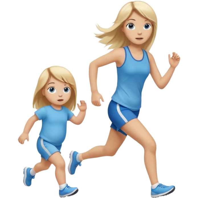full length of a young woman with long straight dirty blonde hair, side bangs, and blue eyes. She is running behind a 1 year old baby girl emoji
