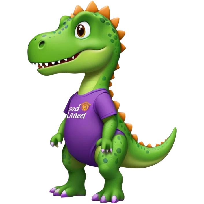 Dinosaur wearing Manchester United shirt and purple crocs emoji