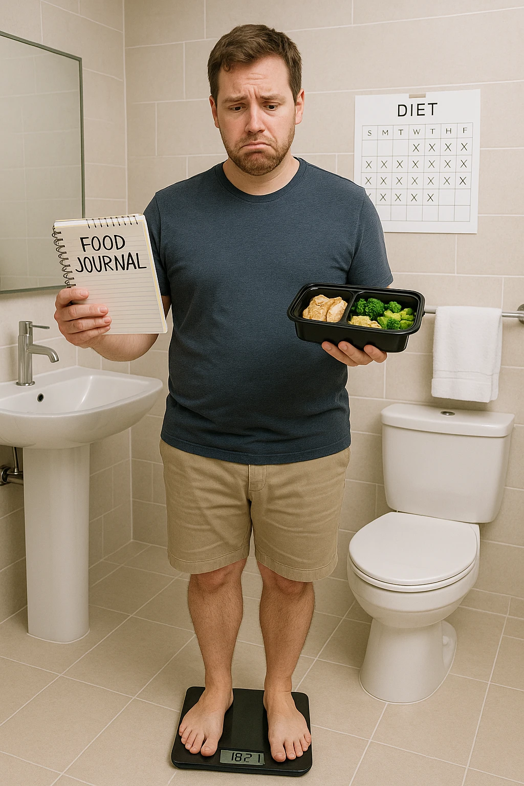 Man in his 30s standing on a bathroom scale, looking disappointed and confused. He holds a food journal and a meal prep container, clearly following a diet. Behind him, a calendar marked with weeks of effort. His body looks the same as before — no visible change. Expression: frustration, lack of motivation. Clean, modern bathroom setting with neutral tones. Digital scale showing the same number as before. Subtle emotional tone: discouragement emoji