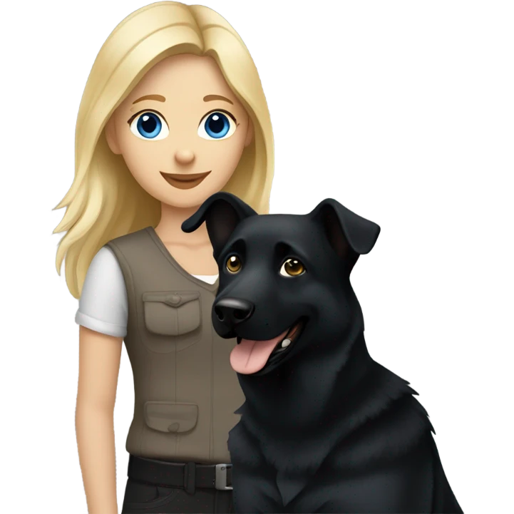 blonde girl who has blue eyes walking an all black female german shepherd  emoji
