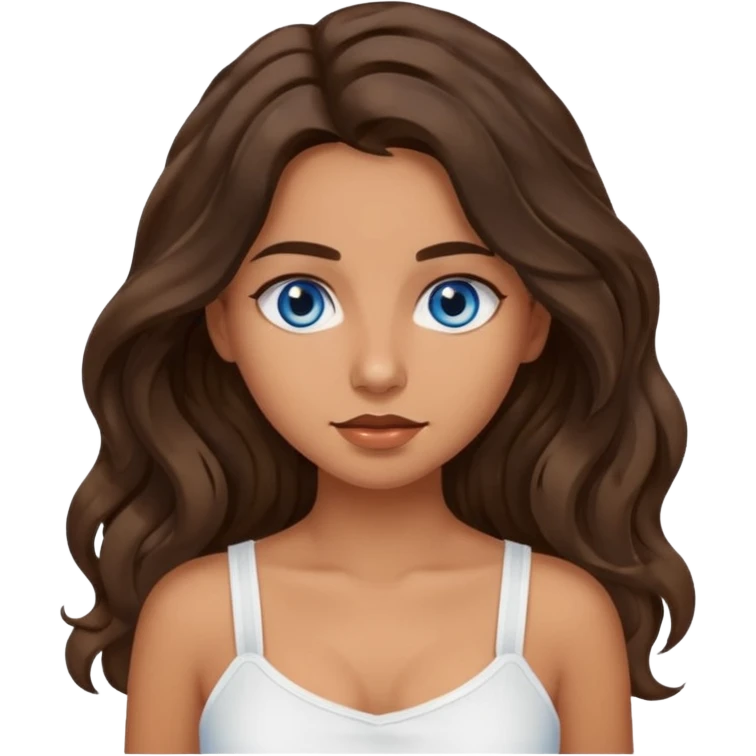 Girl with olive skin, blue eyes, brown dark insanely wavy long hair, white camisole, 🤦🏽‍♀️ emoji
