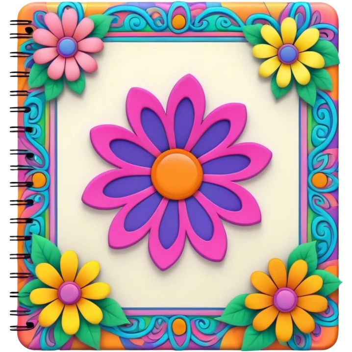 3D, psychedelic colored note pad with hippie style flower border emoji