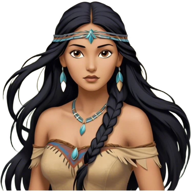 Cinematic Realistic Pocahontas Portrait, depicted with lifelike skin texture, soft natural lighting, and intricately detailed long, flowing raven-black hair that moves gracefully in the wind. Her deep, soulful dark brown eyes exude wisdom and strength, complemented by a serene yet powerful expression. She is dressed in her classic one-shoulder native american dress, with rich fabric textures and delicate beaded details that catch the light beautifully. The portrait features a soft, sun-kissed glow with a natural, radiant finish, capturing the essence of untamed beauty and deep connection to nature in a realistic and painterly style, evoking a sense of depth and authenticity. emoji