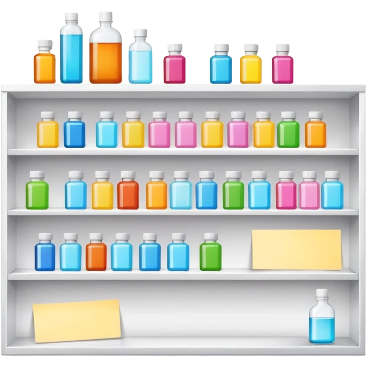 empty big shelf with single serum bottle, prominent sticky note with 'reorder now!' text emoji