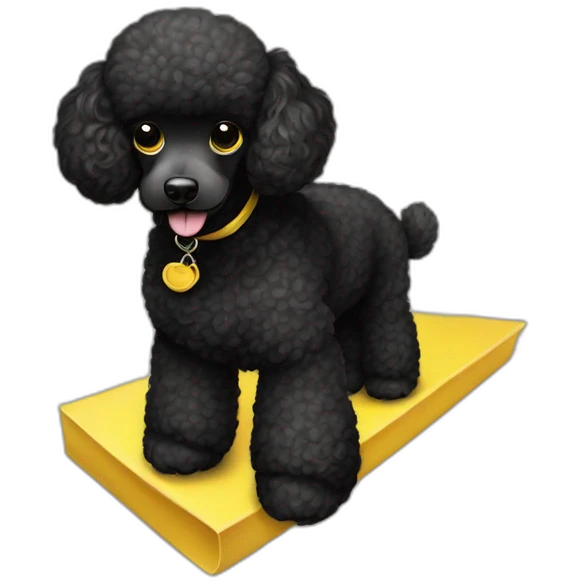 A black standard mini poodle with a yellow bandanateddy bear cut and a emoji