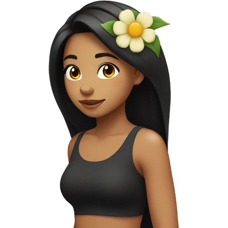 girl with long black hair, tan skin, wearing one flower on her head and wearing black tank top facing side way while looking down smiling emoji