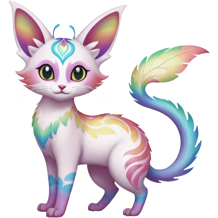 Pure-snow-White albino iridescent with pastel rainbow-gradients-color-markings with swirly patterns butterflies  faerie-Noivern-Noibat-Purloin-Torracat-Lykoi-Caracal-cat-Fakemon-fusion-hybrid-creature-jumping emoji