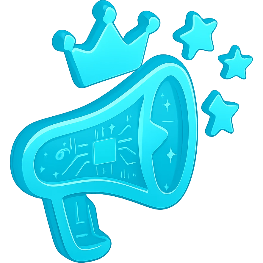 Icon of a stylized megaphone with a crown and stars, flat design, cyan blue emoji