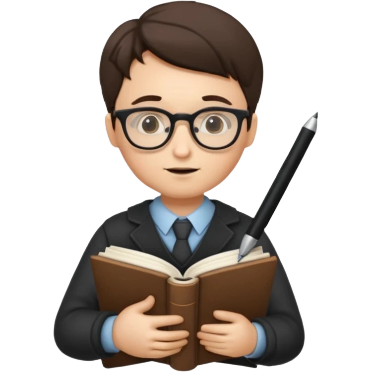 writer holding big pen in hand and closed book in other hand, wearing glasses emoji