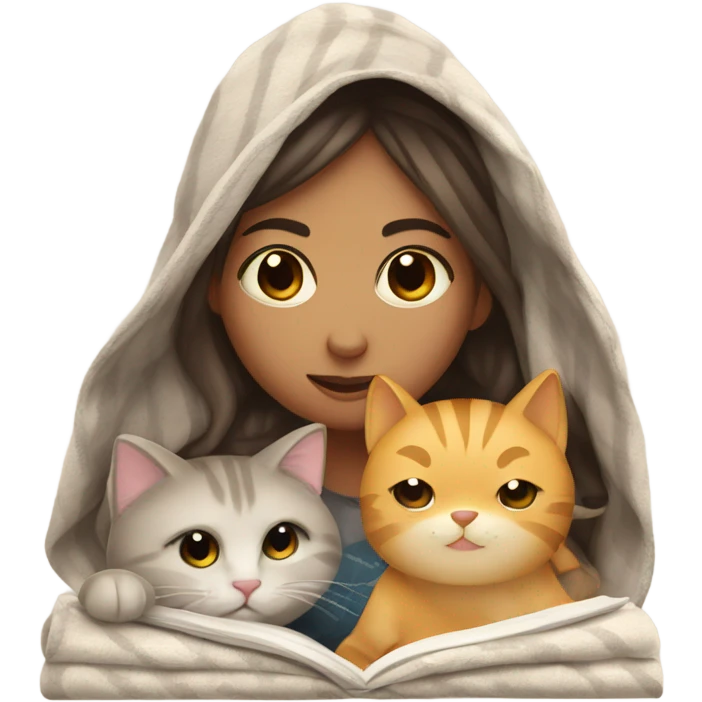 Girl with cat and journal cozy in blanket emoji