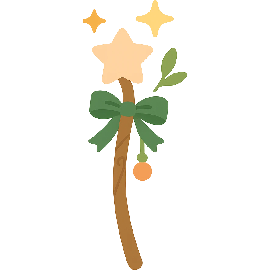 "A cute and magical wand with an elegant, whimsical design, incorporating a color palette of golden orange (FA9B41), forest green (4A7C5C), soft taupe brown (96775A), and pastel peach (FFCC9A). The wand is slender and slightly curved, made of smooth wood with delicate carvings. At the top, there's a glowing gem or star in peachy tones, surrounded by tiny sparkles. Decorative elements like a ribbon, tiny leaves, or a small charm add a cozy, storybook-like charm. The overall look is gentle, enchanting, and magical, perfect for a forest fairy or a kindhearted young wizard." emoji