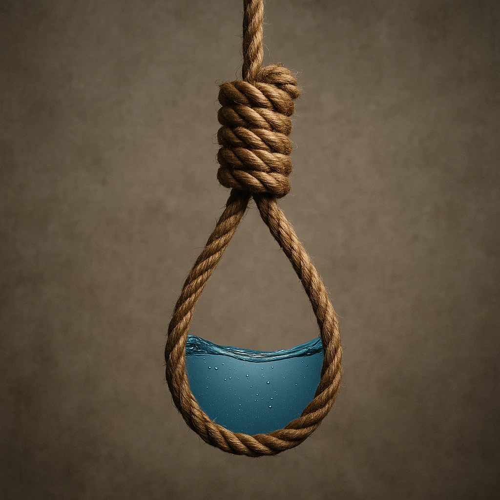 Realistic style depiction of a rope with a noose, inside the rope visible water, on a neutral background, with natural details and a symbolic atmosphere. emoji