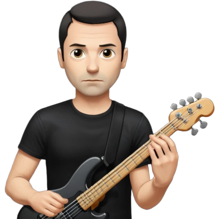 Oliver Riedel, bassist of Rammstein, tall and slim, short dark hair, calm expression, black shirt emoji