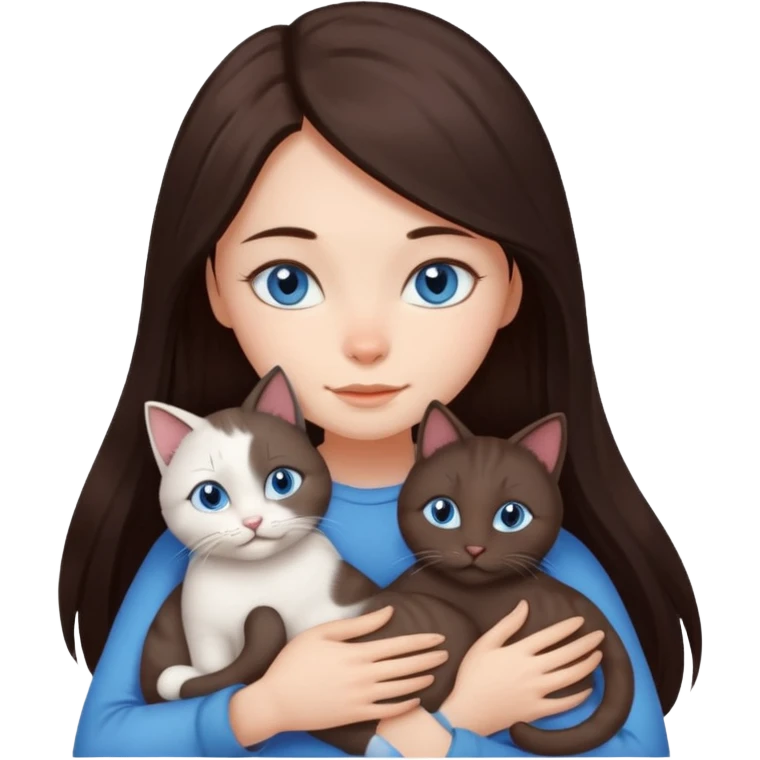 a girl with long dark 
brown hair, with blue eyes, hugs 3 different natural coloured cats emoji