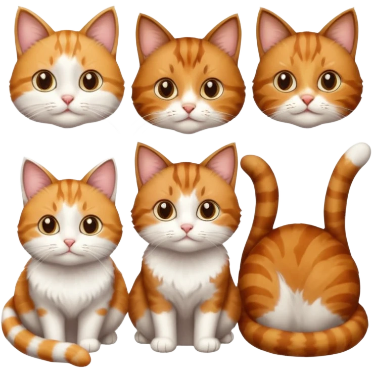 3 cats and each are different natural colours including  brown tabby and white, calico, and ginger and white emoji