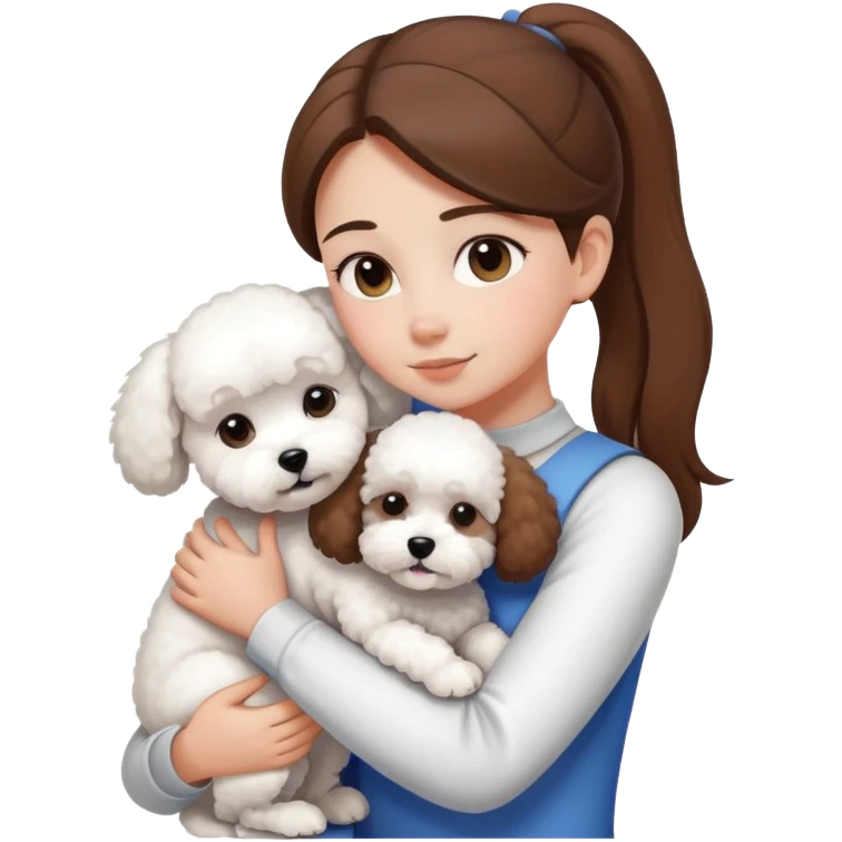 A girl with straight hair in a ponytail，hugging one Bichon frise emoji