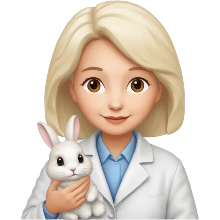 Older female vet – gentle smile, coat, checking rabbit  emoji
