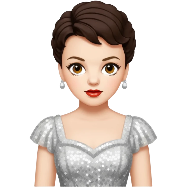 Judy Garland with short dark brown hair, white sequin dress emoji