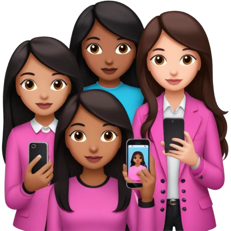 3 brown girl friends with a phone on their hand, one with black long hair, one with brown hair long and the other one with black with brown hair. Wearing pink glammed up  emoji
