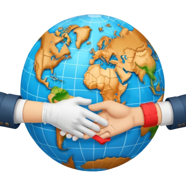 instead of two hands holding a globe, we have two hands handshaking in front of a globe. And in the background, we can see that the globe has a bandage or something. The handshake shows negotiation and the bandage around the globe shows improvement on climate change. Negotiation and climate change.  emoji
