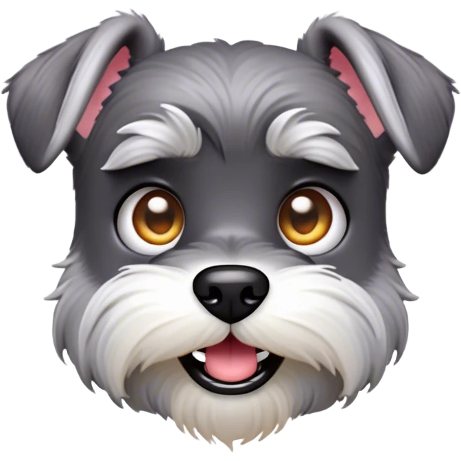 Cinematic Comical Miniature Schnauzer Portrait Emoji, Head tilted dramatically with a comically shocked expression and large, animated eyes, featuring a sharply defined salt-and-pepper fur with exaggerated, humorous eyebrows, simplified yet hilariously detailed, glowing with a bold, playful radiance, high shine, exuding a spirited and cheeky charm, styled with a soft glowing outline, capturing the essence of a Miniature Schnauzer that appears ready to dash into a burst of comic energy! emoji