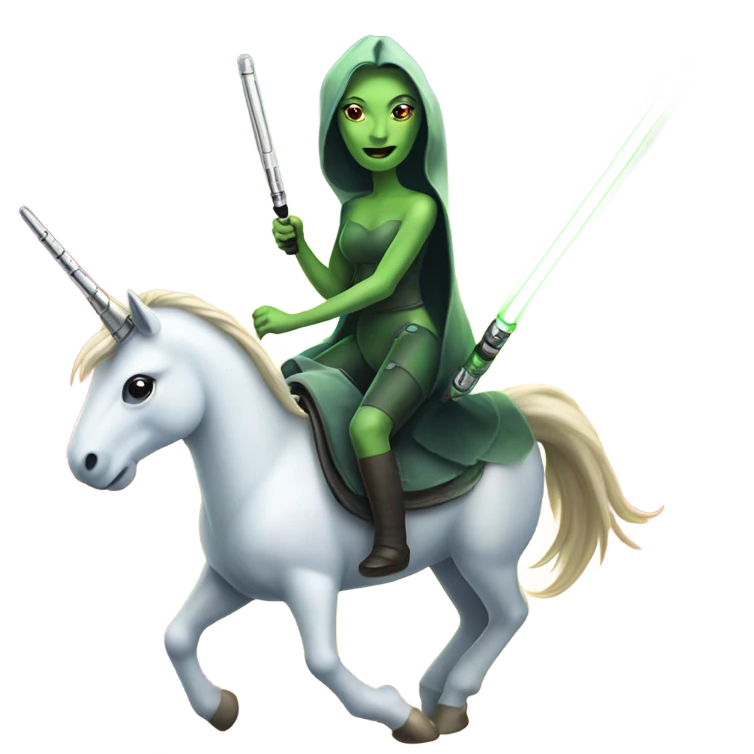 a unicorn with a green alien woman on it holding a lightsaber emoji