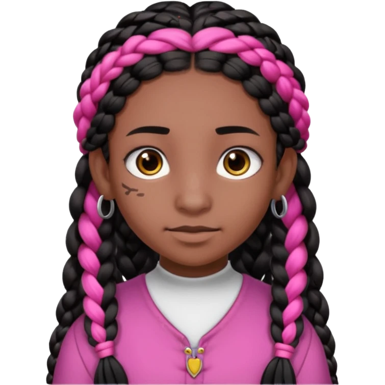 arikan, dark long hair whit pink 
and black braids. brown skin, smal round face and a big nose emoji