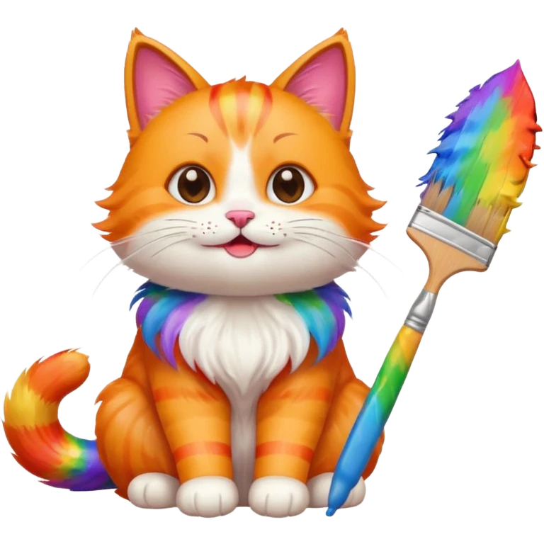 happy cat sitting with a giant rainbow paintbrush, cheerful, emoji style emoji