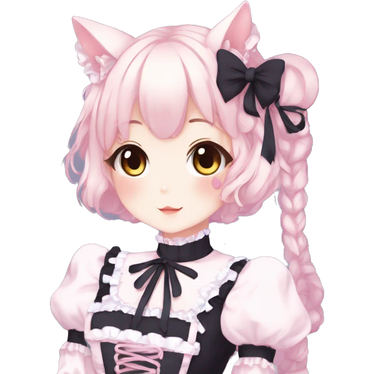 Gorgeous anime style catgirl with blushing face with maid outfit laces gothic Lolita idol model kawaiicore pastelcore cottagecore pearly petite simplistic aesthetic trending style emoji