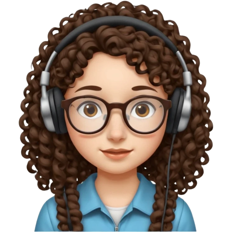brunette kid with unique face features and very curly long hair kid girl neutral and big glasess and big nose and dark eyes with freckles kind of nerd looking and headphone wearing emoji