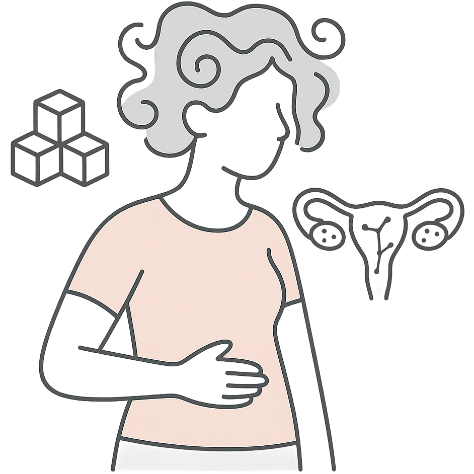 minimalist medical pastel illustration of a female silhouette with abstract PCOS symptoms including swirling hair, sugar cubes, constellation-like ovaries emoji