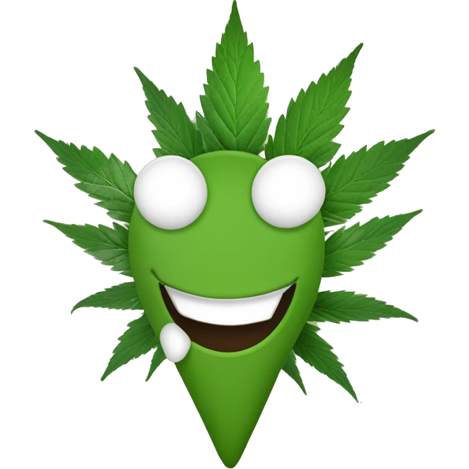 n emoji souriant, yeux mi-clos et détendus, avec une feuille de cannabis stylisée à côté, mais sans fumée ni joint visible. emoji