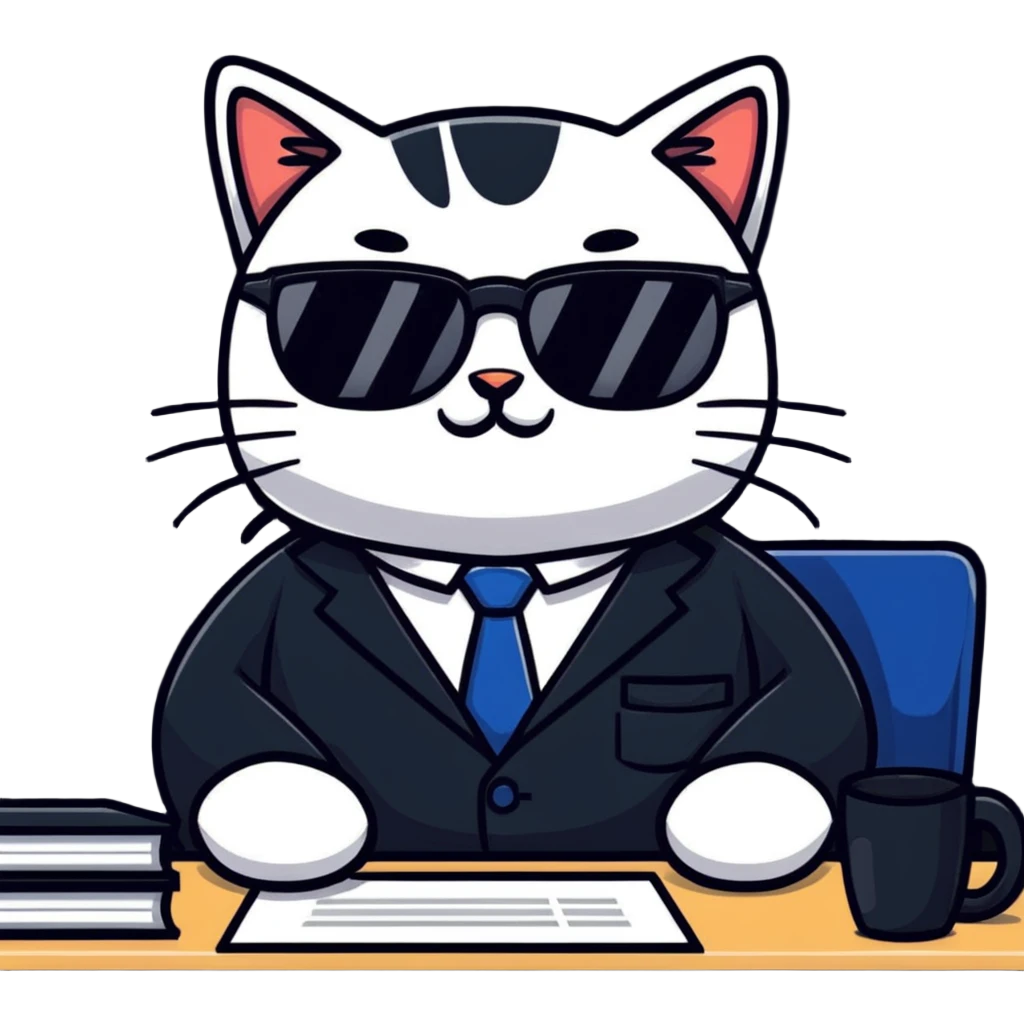 cat wearing glasses and business suit, sitting at office desk looking important emoji