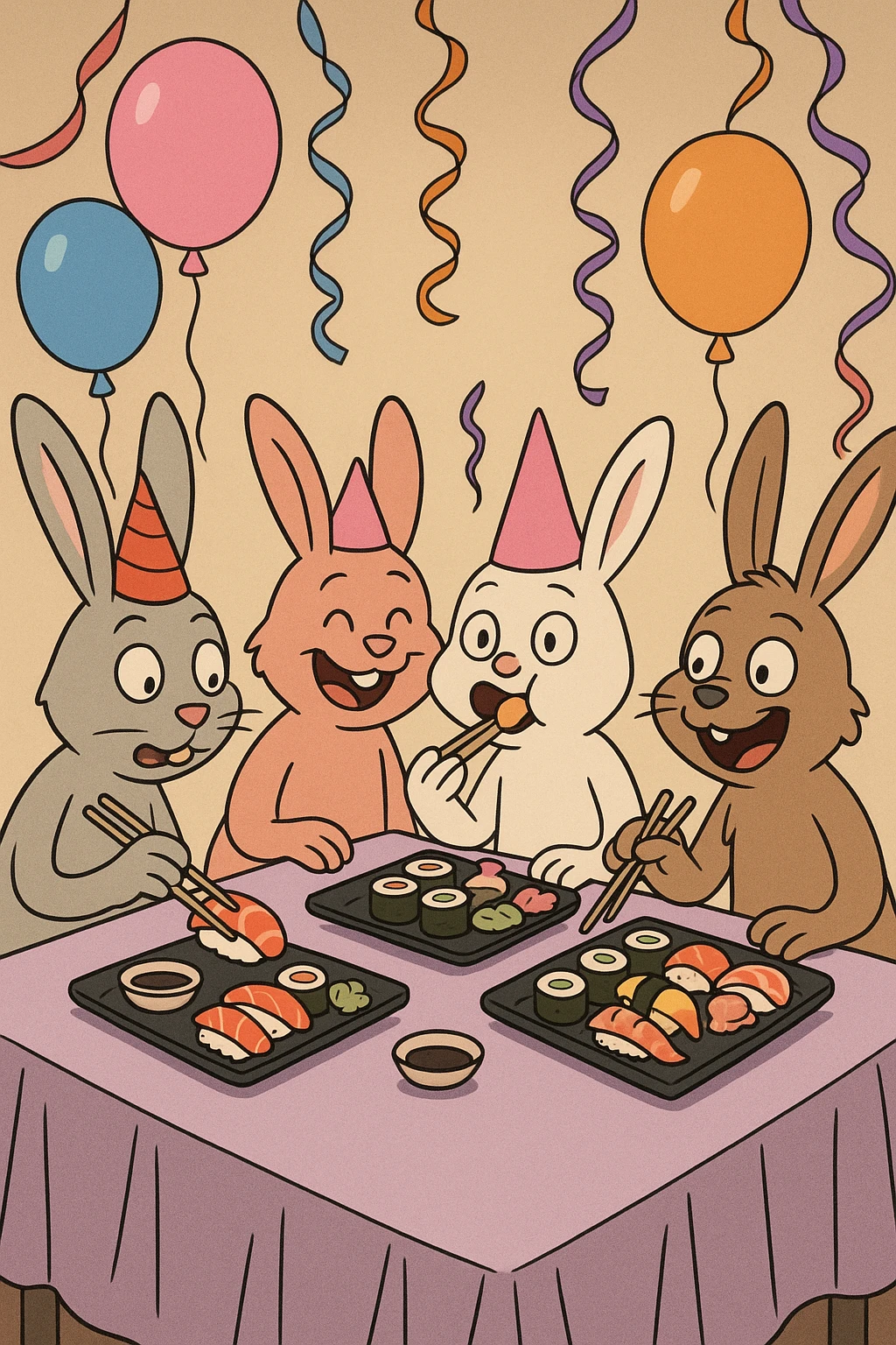 four bunny rabbits eating sushi at a birthday party, cartoon style, vibrant colors, balloons, streamers emoji