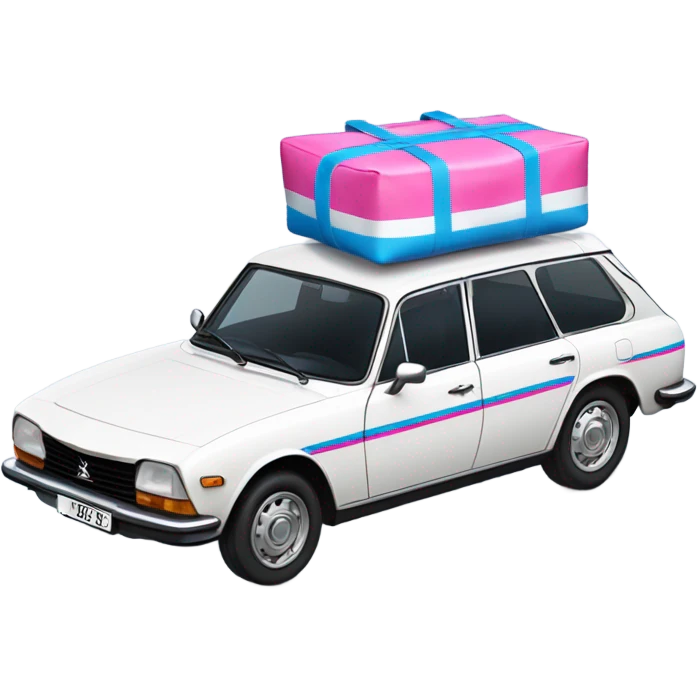 a white peugeot 504 break car with stripped pink and blue bags on the roof emoji