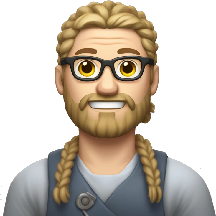 A jung guy with glasses, shortly shaved beared and an undercut haircut bind to a pigtail, like a viking, who is eating some ramen. emoji