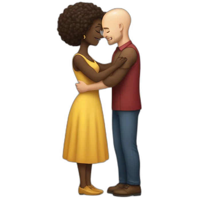 a hug from a black woman in a tight dress to a white man with no hair and a beard emoji