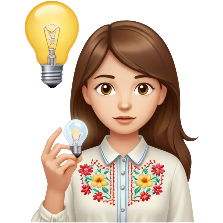 A Ukrainian girl with brown hair in an embroidered shirt holds a light bulb emoji