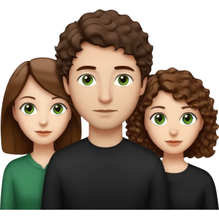Man in the middle with brown straight hair and green eyes, women next to him with short brown hair with slight waves, tall women on right side with shoulder length curly hair and brown eyes emoji