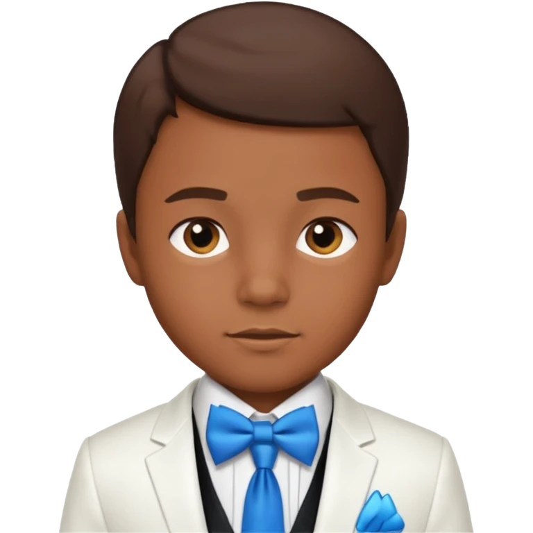 A boy with dark brown skin and I little bit of brown hair and a white tuxedo with a blue tie emoji