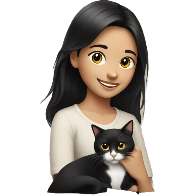 smiling girl with black hair with a cat emoji