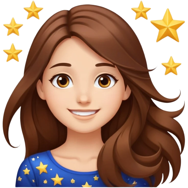 girl with long brown hair, stars in her eyes, brown eyes, beautiful smile, arms in the sky  emoji