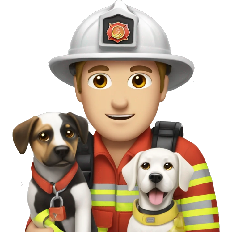 Caucasian Firefighter with a white dog and a black and white dog  emoji