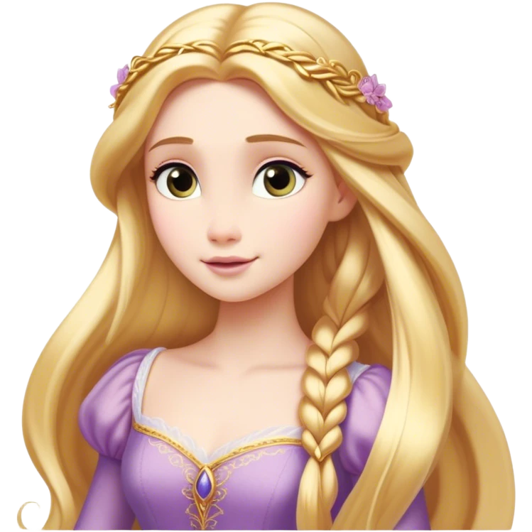 Cinematic Timeless Rapunzel Portrait Emoji, rendered in a clean, vector style. Depict Rapunzel with porcelain skin, beautifully styled long golden hair, and a serene, graceful expression, dressed in her classic gown. The design features bold, clean lines, a soft, magical glow, and a subtle glowing outline that captures her timeless, fairy-tale beauty. emoji