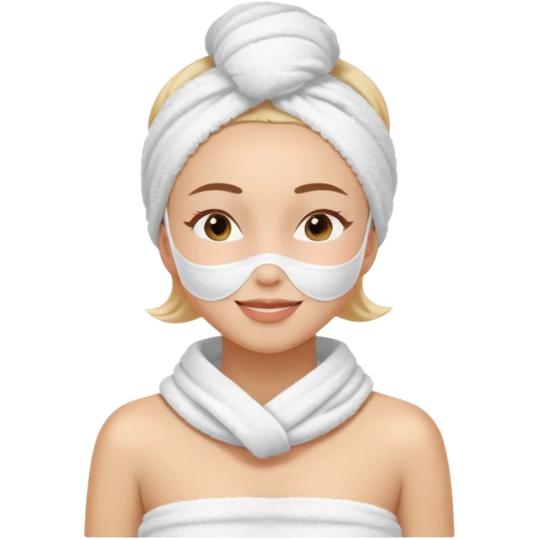 cute girl with her eyes closed and smiling, wearing a white spa towel as her clothes in she has a white spa towel on her head, white face skincare mask emoji